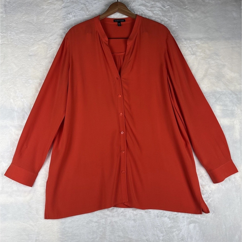 Eileen‎ Fisher Silk Blouse Vibrant Orange button Large V-Neck Career Clementine